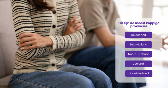 2 personen zitten op een bank met hun armen over elkaar, met daarover de info over de meest koppige provincies